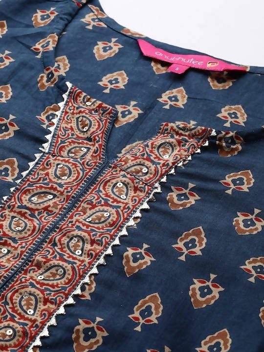 Anubhutee Navy Blue Printed Gotta Patti Pure Cotton Kurta with Trousers & Dupatta | Swadesiicart