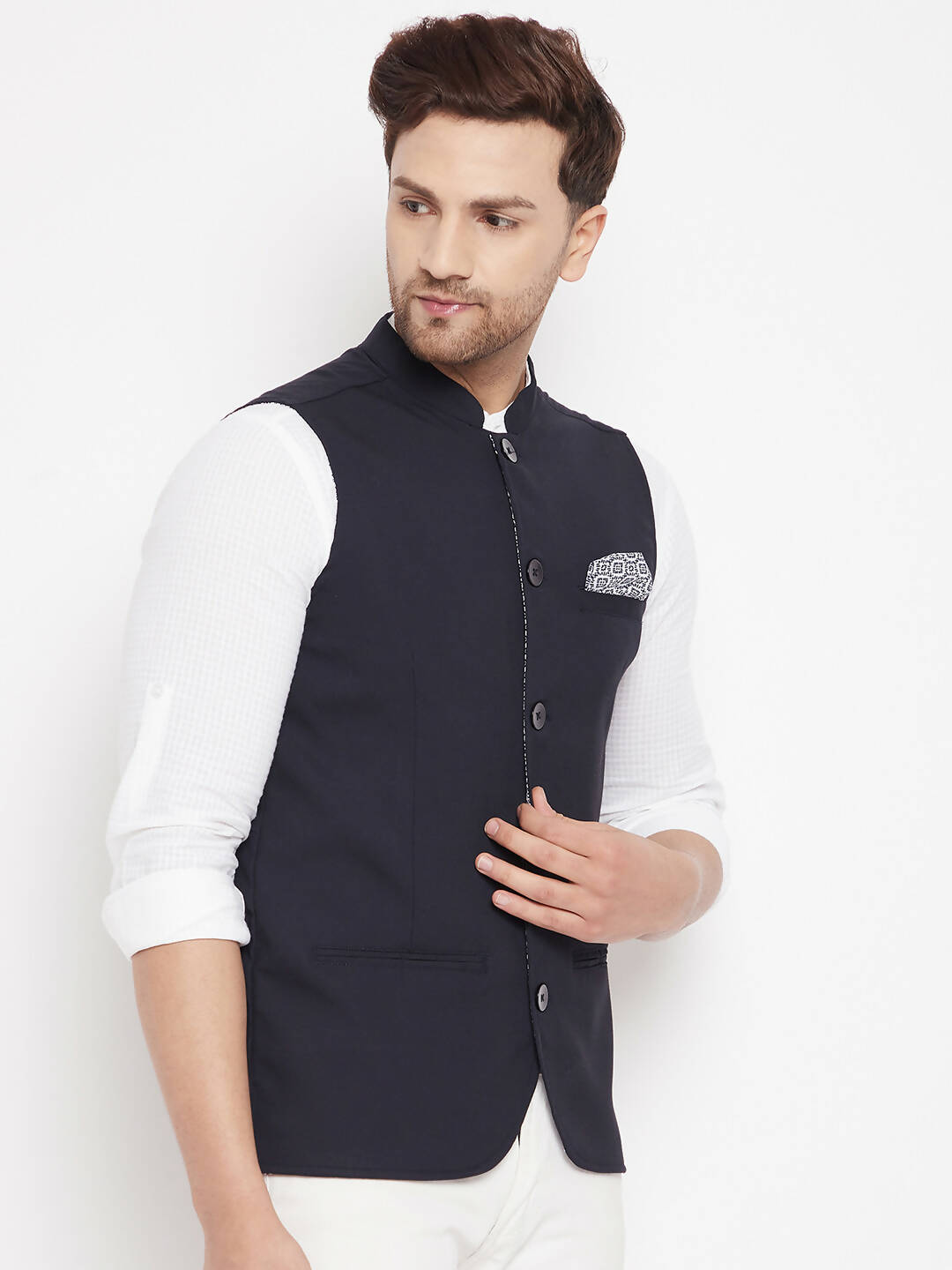 Even Apparels Navy Merino Men's Nehru Jacket-Contrast Lining-Inbuilt Pocket Square | Swadesiicart