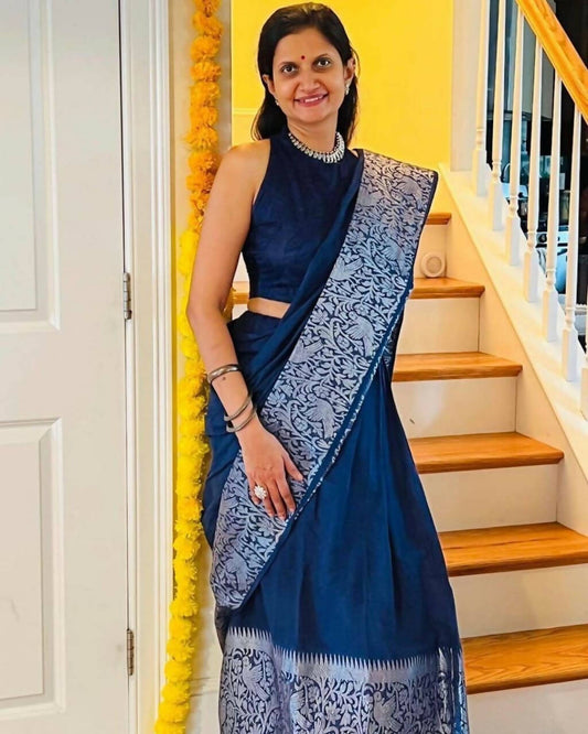 DEIANA'S Beautiful Designer Golden zari Soft Lichi Silk Saree - Blue - Swadesiicart