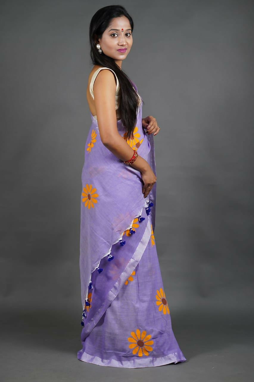 Exclusive Collection Light Violet Pure Cotton Saree With Sunflower Design - Swadesiicart