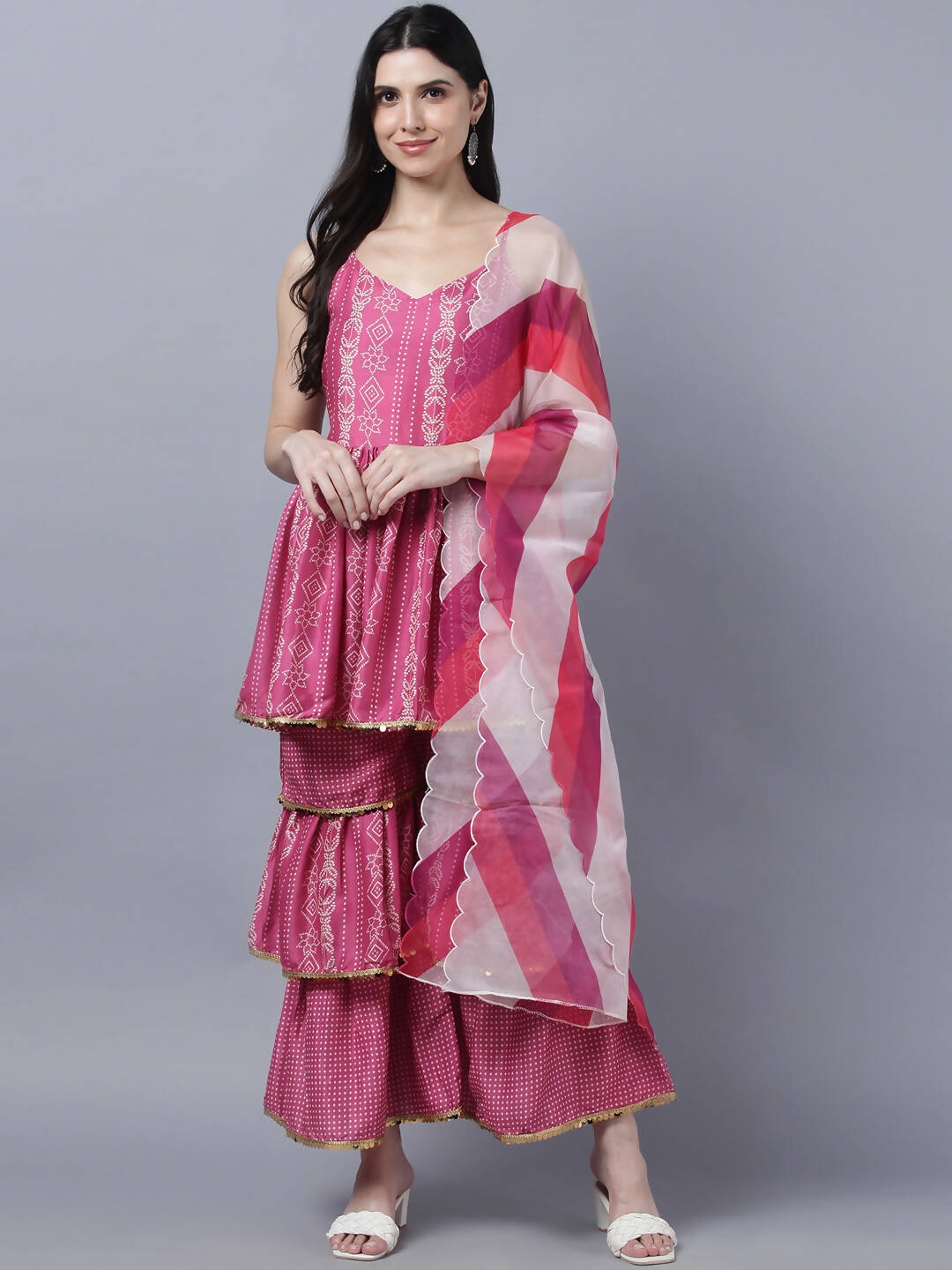 Myshka Stylish Pink Sleeveless Women's Kurta Sharara with Dupatta Set | Swadesiicart