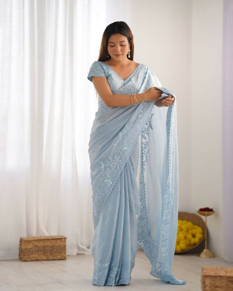 Vamsee Onam Sky Crushed Fandy Tissue Silk Saree - Swadesiicart
