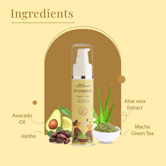 Satthwa Sunshield Super Light Sunscreen With Aloe Vera & Matcha Green Tea | Swadesiicart