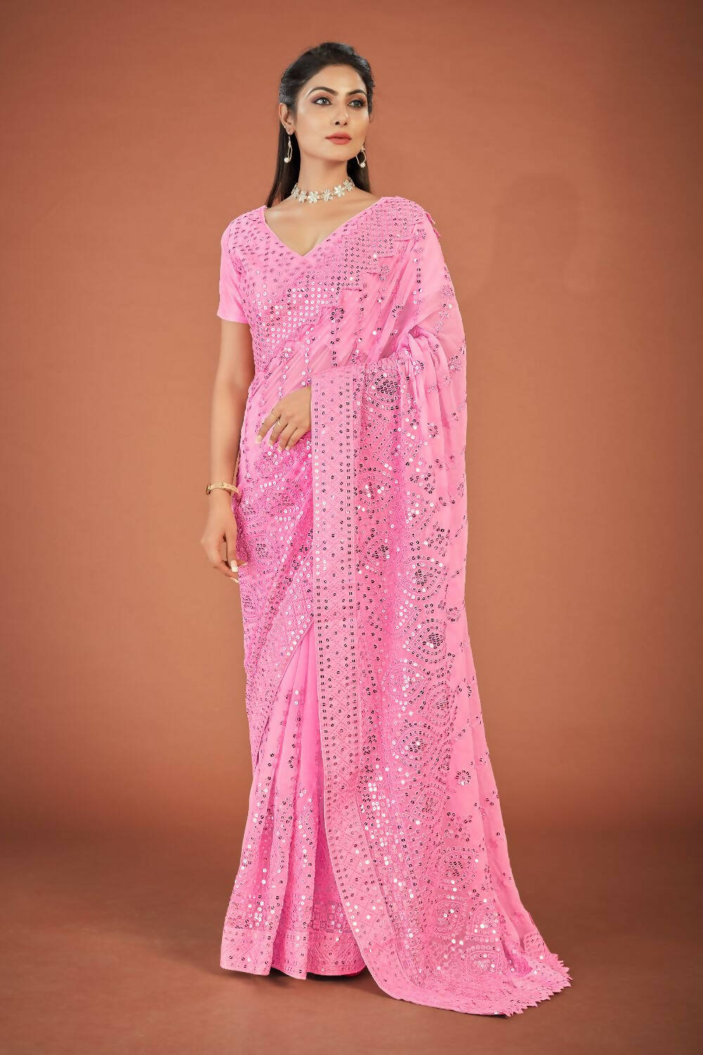 Vamsee Pink Georgette Designer Saree - Swadesiicart