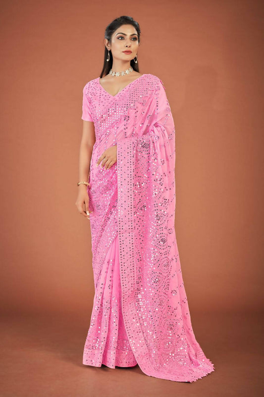 Vamsee Pink Georgette Designer Saree - Swadesiicart