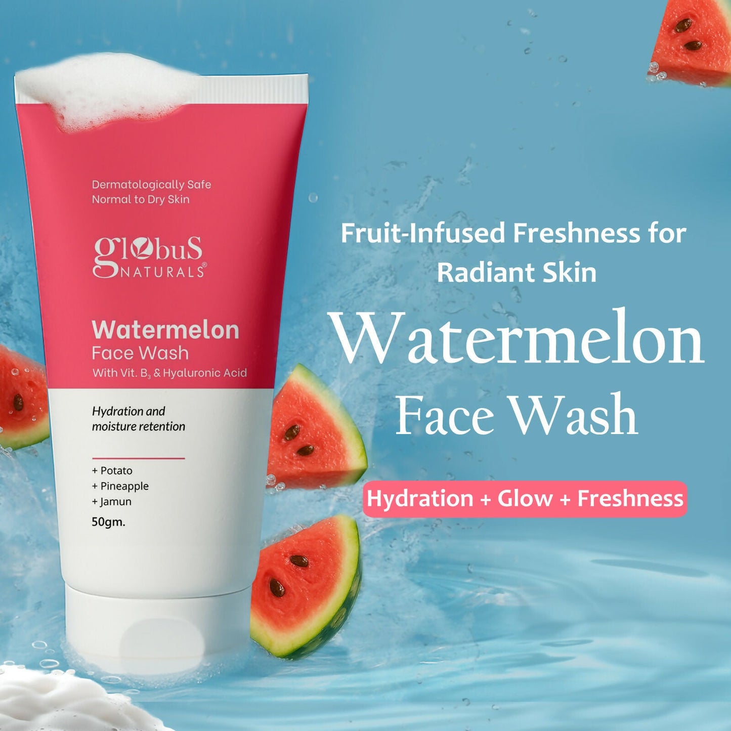 Globus Naturals Watermelon Face Wash with Vitamin B3 & Hyaluronic Acid | Swadesiicart