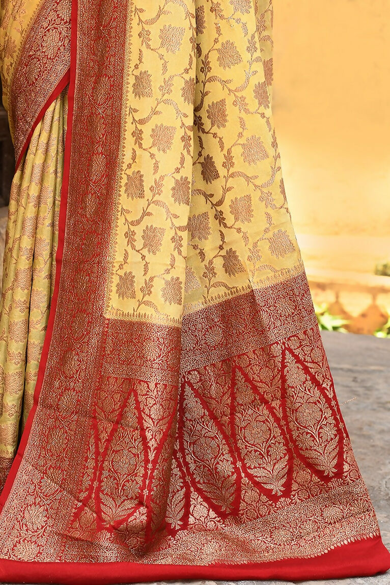 Joban Fashion Yellow Crepe Chiffon Pure Handloom Banarasi Silk Saree | Swadesiicart