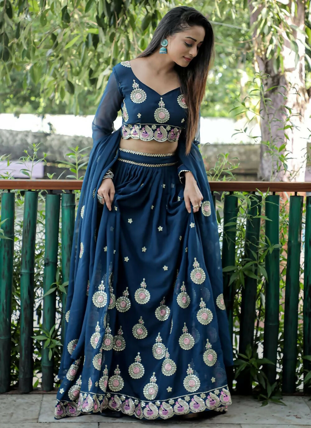 Jyoti Fashion Blue Sequence with Thread Zari Embroidery Georgette Lehenga Choli with Dupatta | Swadesiicart