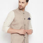 Even Apparels Cream Linen Men's Nehru Jacket-Contrast Lining-Inbuilt Pocket Square | Swadesiicart