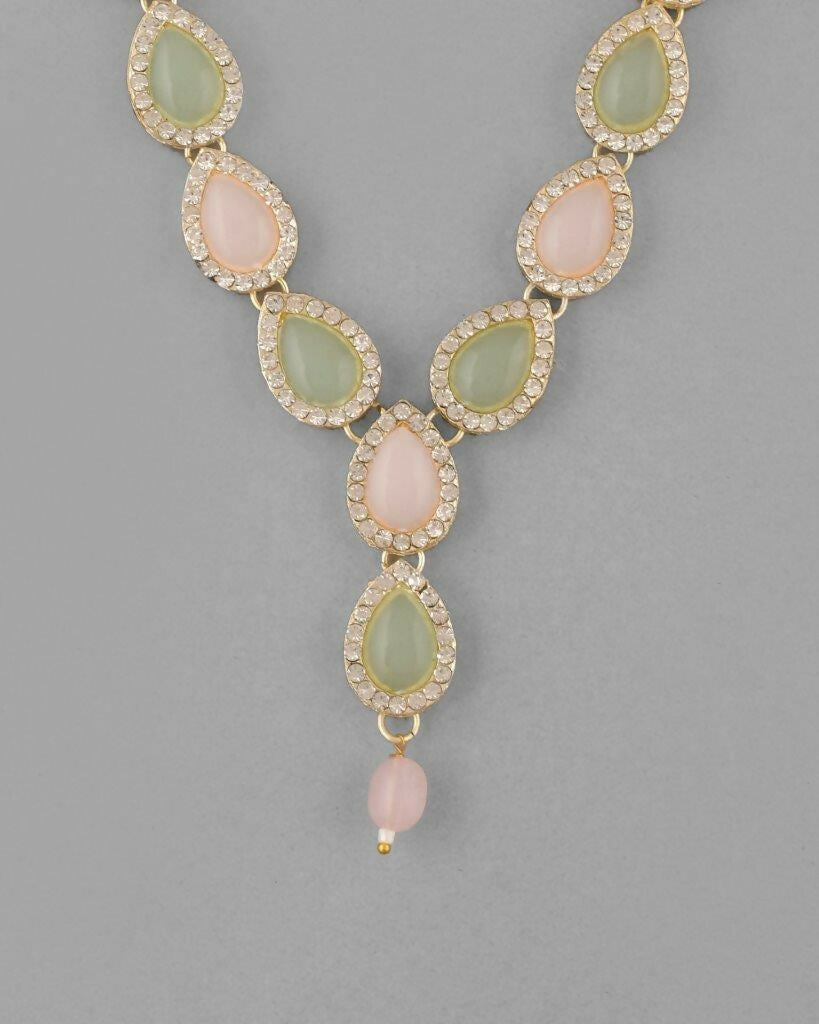 VOJ Gold-Polished Nude Pink And Mint Green Stone Studded Jewellery Set With Maang Tikka - Swadesiicart