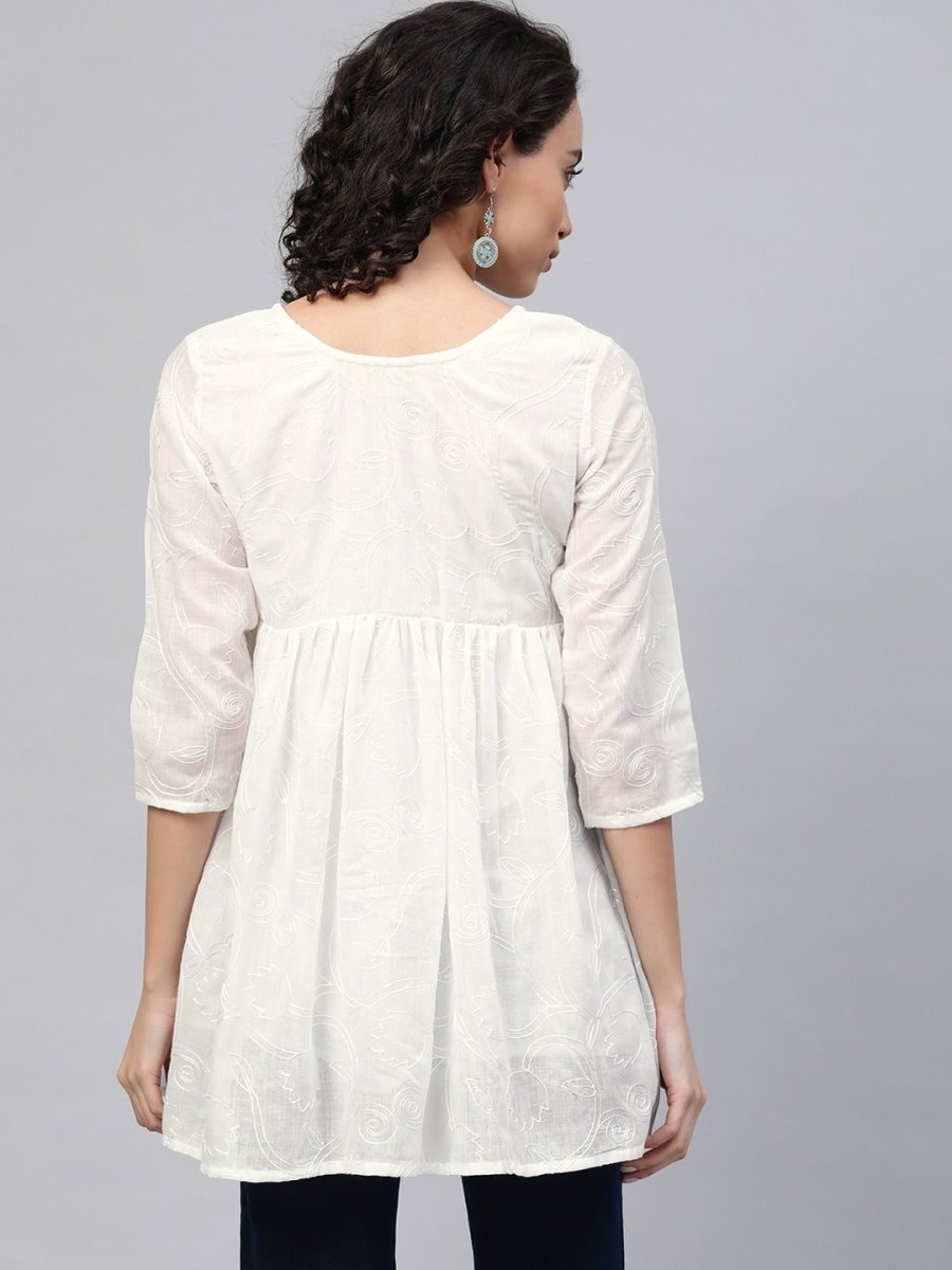 Ahalyaa Women Off-White Cotton Embroidered Tunic | Swadesiicart