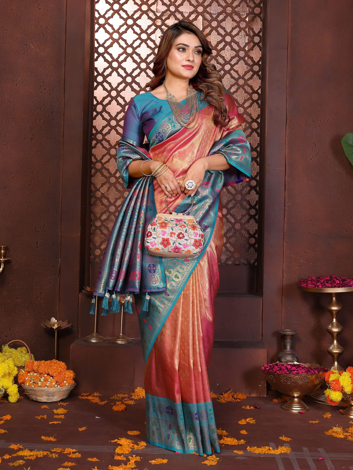 Aastha Fashion Orange Tissue Silk Weaving Saree