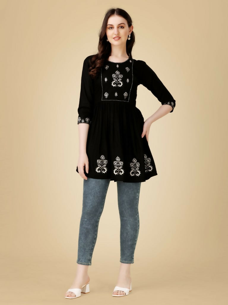 Jyoti Fashion Women's Black Viscose Rayon Embroidered Casual Top | Swadesiicart