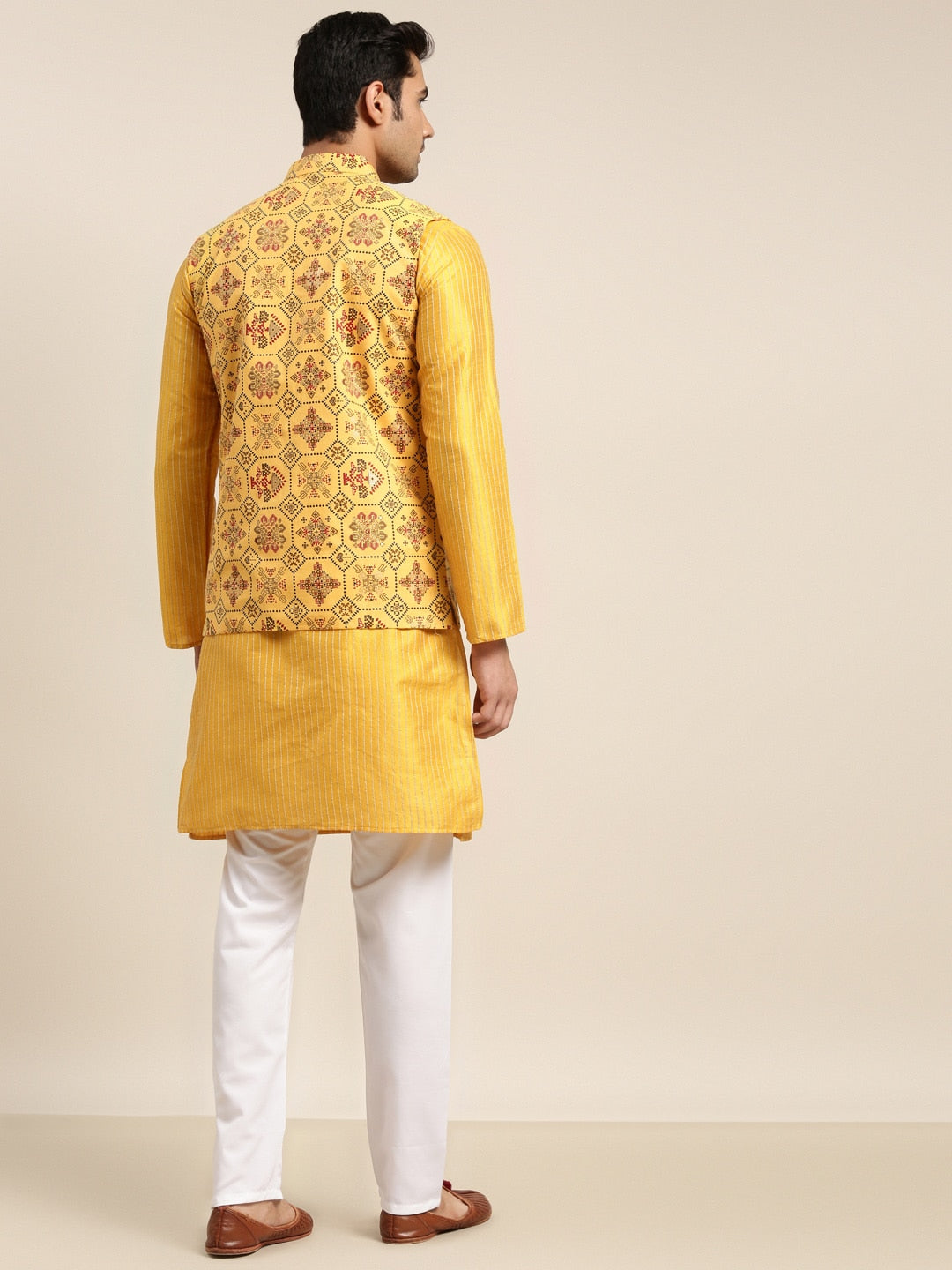 Sojanya Men Mustard Yellow Kurta with Churidar & Nehru Jacket | Swadesiicart