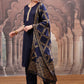 Vishudh Navy Blue Mirror Work Zari Straight Kurta with Palazzo & Dupatta - Swadesiicart