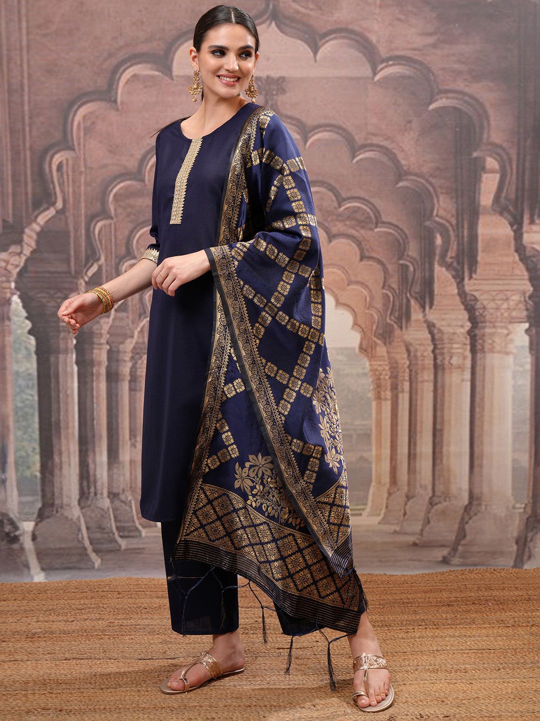 Vishudh Navy Blue Mirror Work Zari Straight Kurta with Palazzo & Dupatta - Swadesiicart