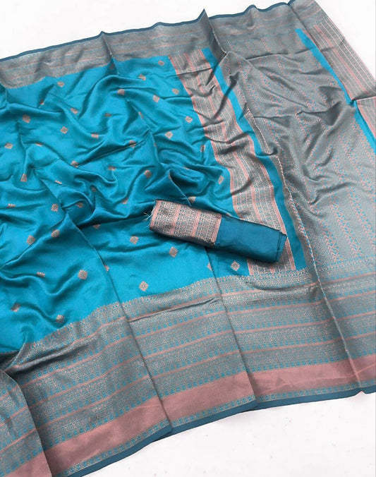 DEIANA'S Beautiful Designer Golden zari Soft Lichi Silk Saree - Firozi - Swadesiicart