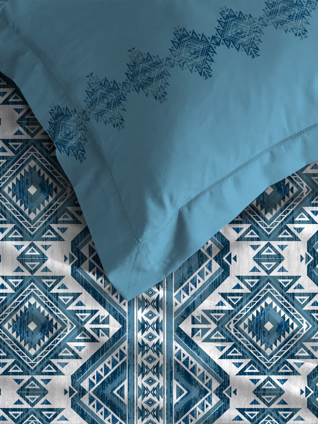 MYTRIDENT Blue White Ethnic Motifs Cotton 120 TC Queen Bedsheet With 2 Pillow Covers - Swadesiicart