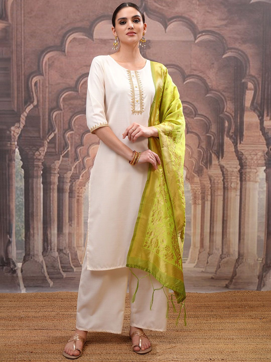 Vishudh Cream Embroidered Straight Kurta with Palazzo & Dupatta - Swadesiicart