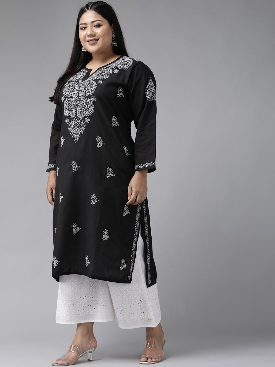 ADA Women Plus Size Black & White Chikankari Hand Embroidered Sustainable Straight Kurta | Swadesiicart