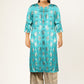 Biba Women Turquoise Blue Ethnic Motifs Foil Printed Keyhole Neck Kurta - Swadesiicart