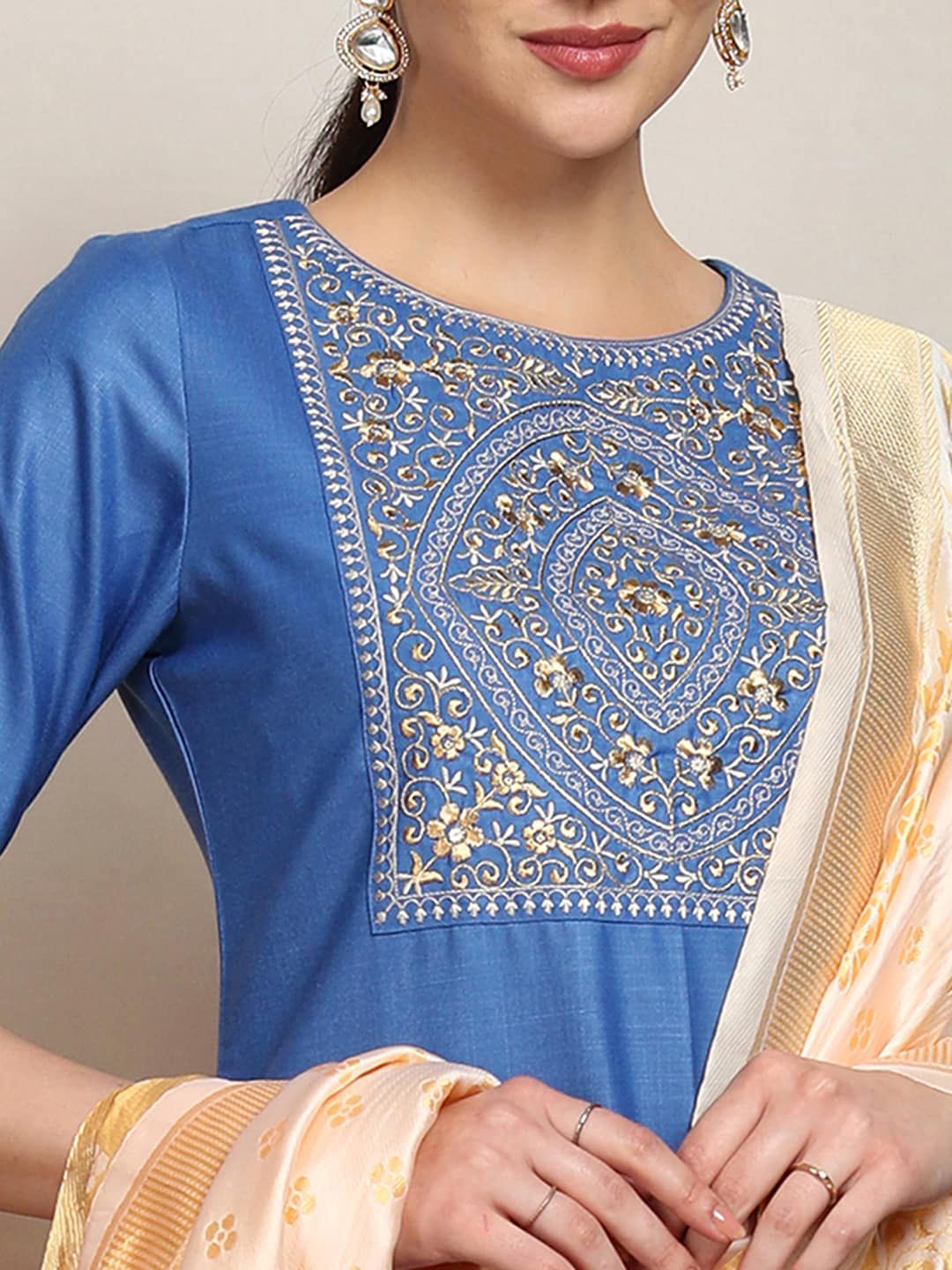 Vishudh Embroidered Straight Kurta With Palazzo & Dupatta - Swadesiicart