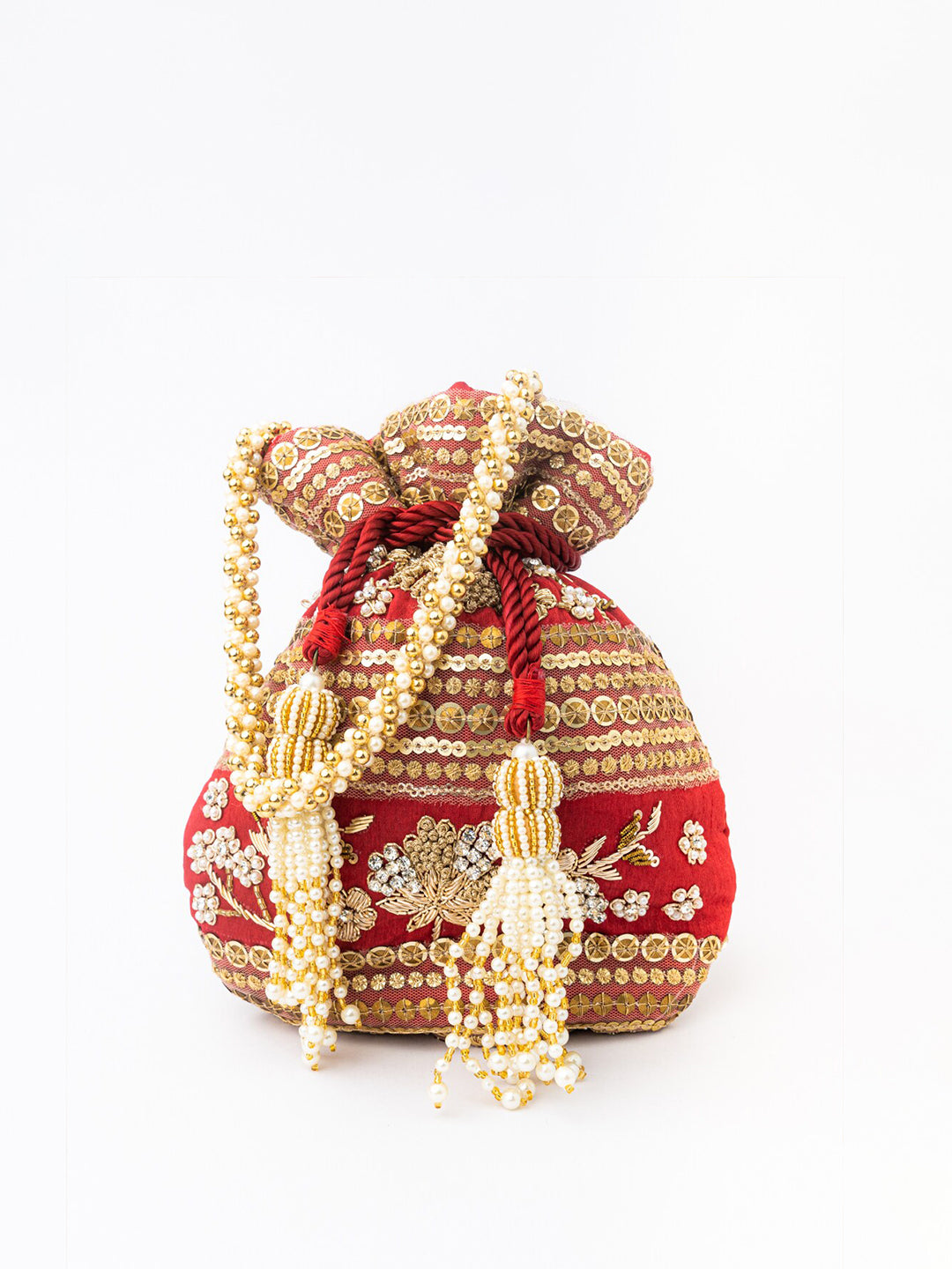 NR By Nidhi Rathi Maroon & Gold-Toned Persia Embroidered Potli Clutch - Swadesiicart