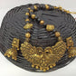 Terracotta Long Necklace Set With Peacock Pendant With Temple Jhumkas-Black And Gold