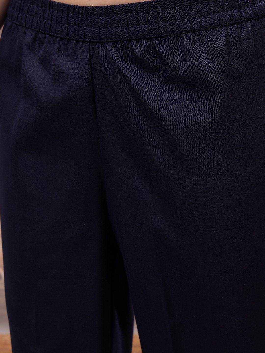 Vishudh Navy Blue Mirror Work Zari Straight Kurta with Palazzo & Dupatta - Swadesiicart