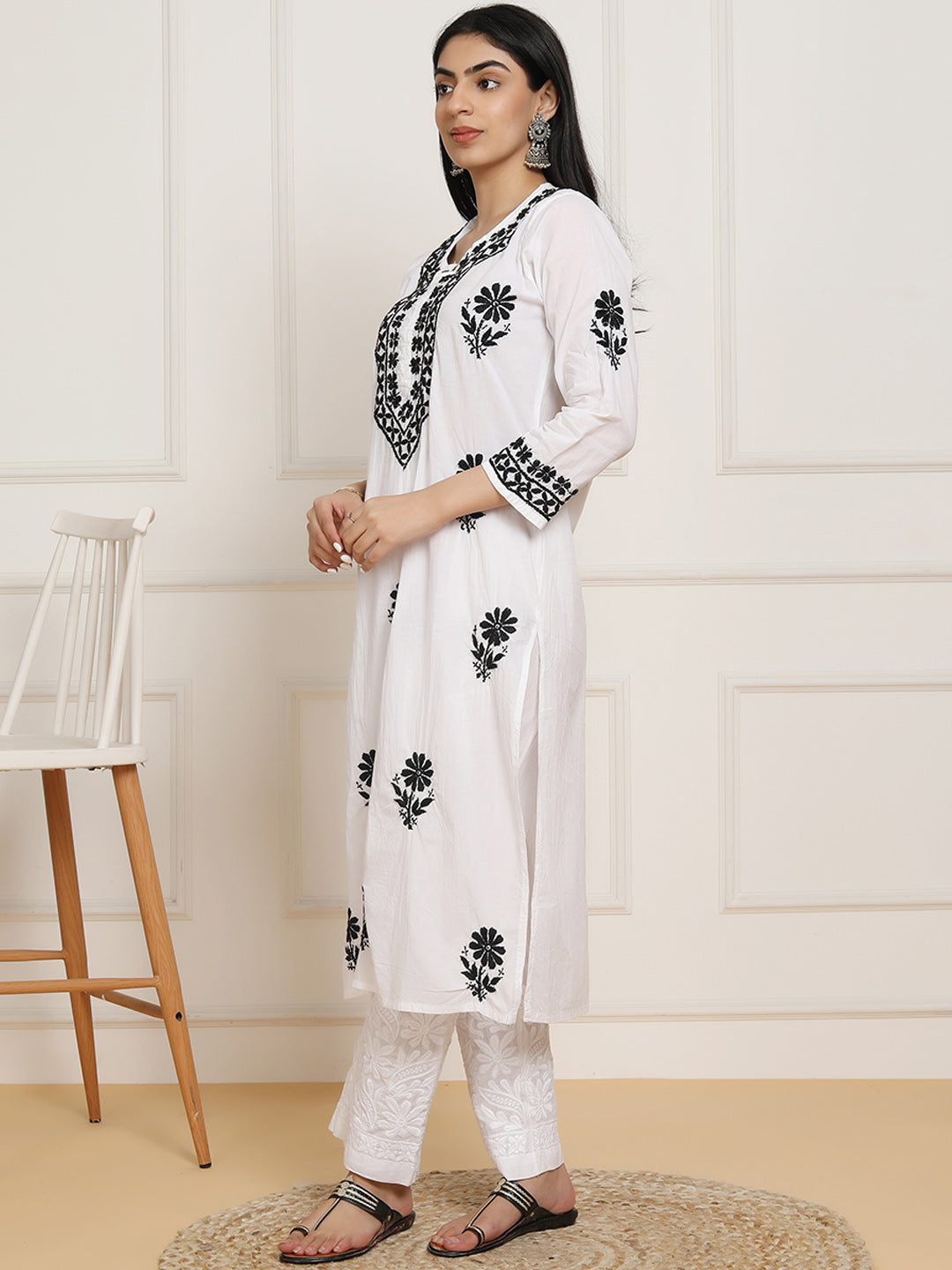 HOUSE OF KARI Women Ethnic Motifs Embroidered Regular Chikankari Pure Cotton Kurta with Trousers | Swadesiicart
