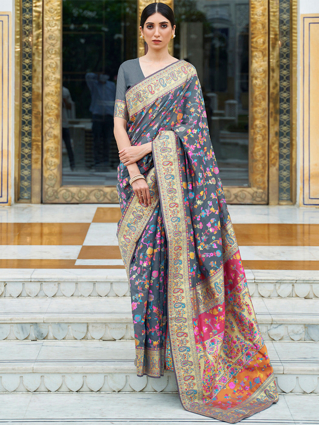 Mitera Grey & Pink Floral Silk Blend Banarasi Saree | Swadesiicart