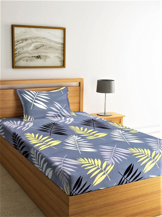 Home Sizzler Grey & White Floral 144 TC Single Bedsheet with 1 Pillow Covers - Swadesiicart