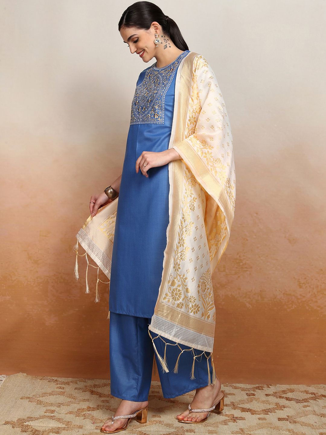 Vishudh Embroidered Straight Kurta With Palazzo & Dupatta - Swadesiicart