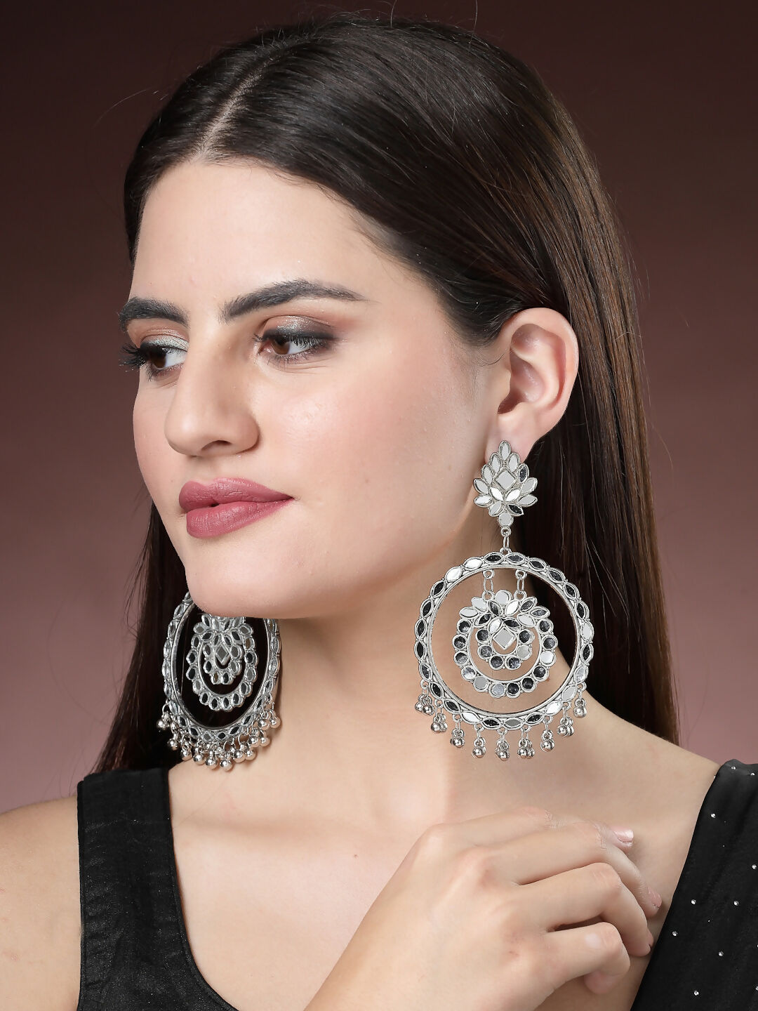 NVR Women's Silver-Toned Mirror Work Oxidised Contemporary Drop Earrings | Swadesiicart