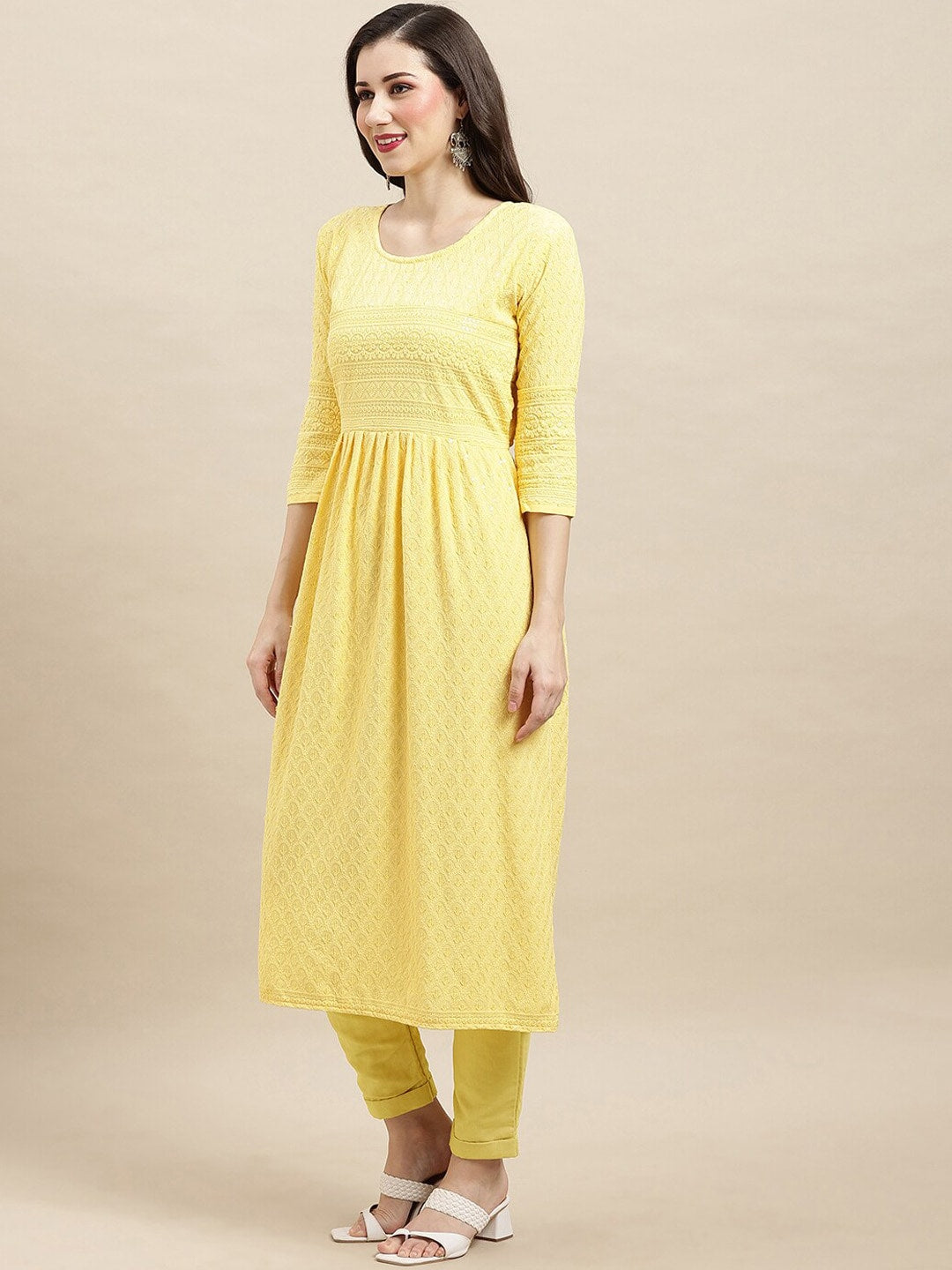 Sangria Yellow Ethnic Motifs Embroidered Chikankari A-Line Kurta | Swadesiicart