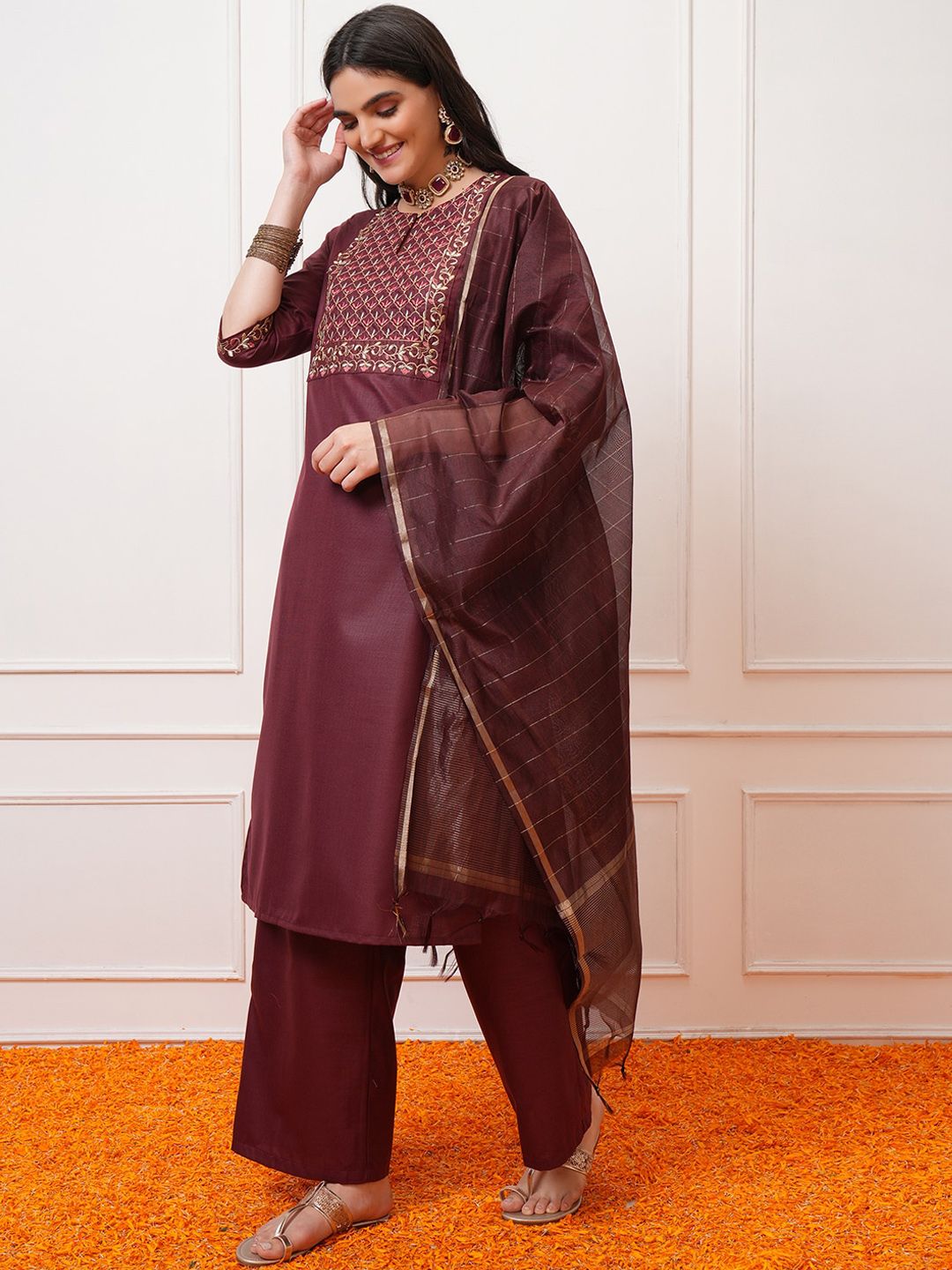 Vishudh Burgundy Ethnic Motifs Yoke Design Thread Work Kurta with Palazzo & Dupatta - Swadesiicart