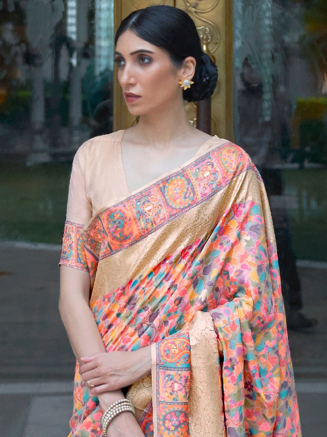 Mitera Peach-Coloured & Blue Woven Design Silk Blend Banarasi Saree | Swadesiicart