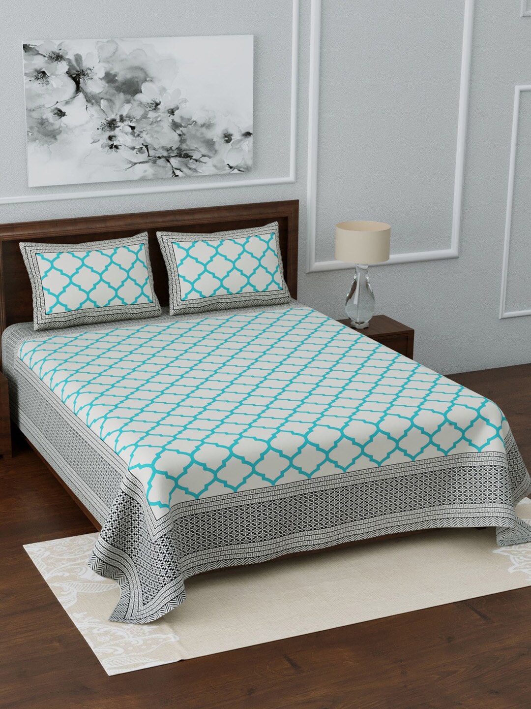 LIVING ROOTS White & Blue Printed 210 TC 1 King Jaipuri Bedsheet With 2 Pillow Covers - Swadesiicart