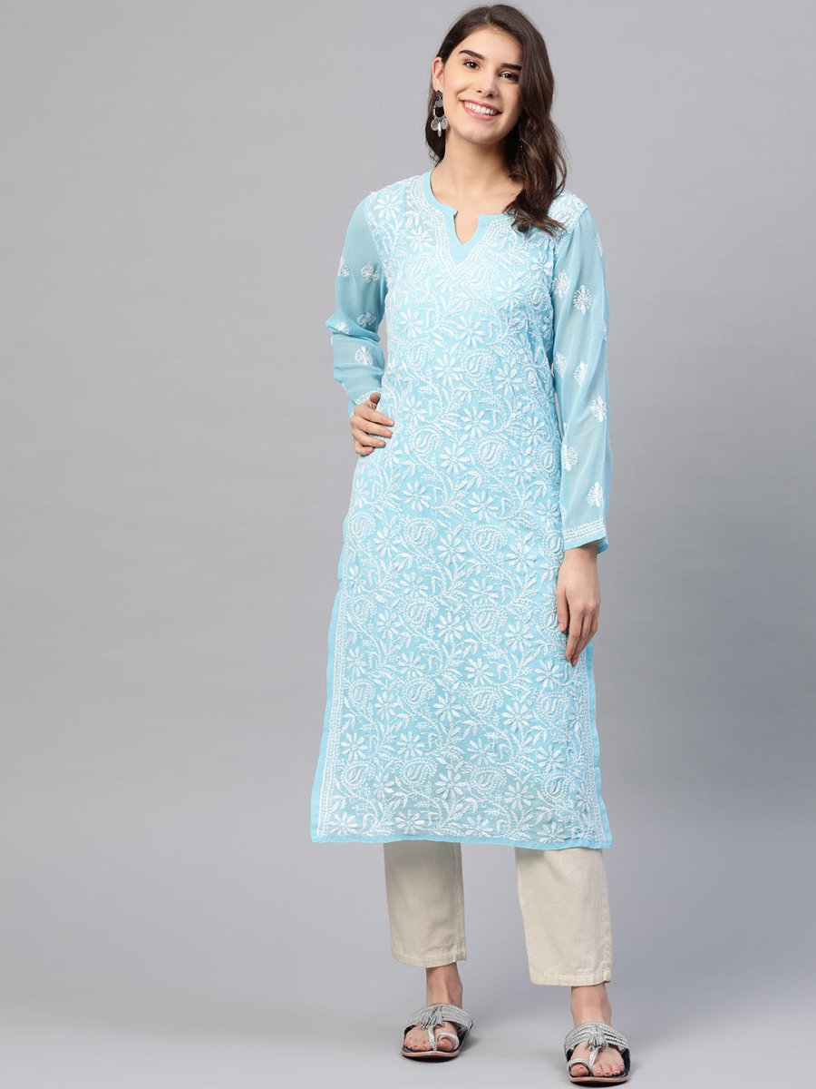ADA Women Blue & White Chikankari Embroidered Straight Sustainable Handloom Kurta with Inner | Swadesiicart