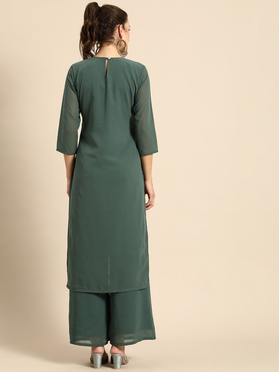 All About You Women Green Ethnic Motifs Embroidered Regular Chikankari Kurta with Palazzos | Swadesiicart