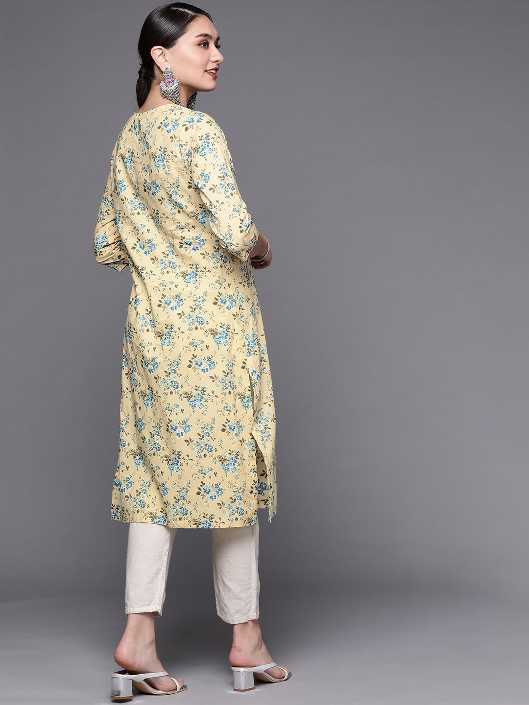 Biba Women Cream-Coloured & Blue Pure Cotton Floral Print Straight Kurta - Swadesiicart