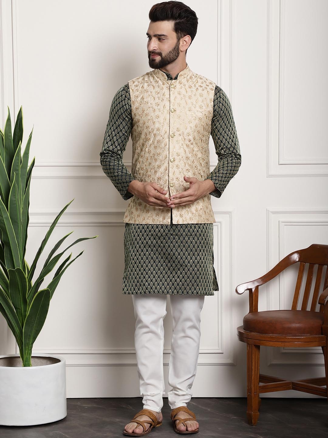 Sojanya Men Green Ethnic Motifs Kurta with Churidar with Nehru Jacket | Swadesiicart