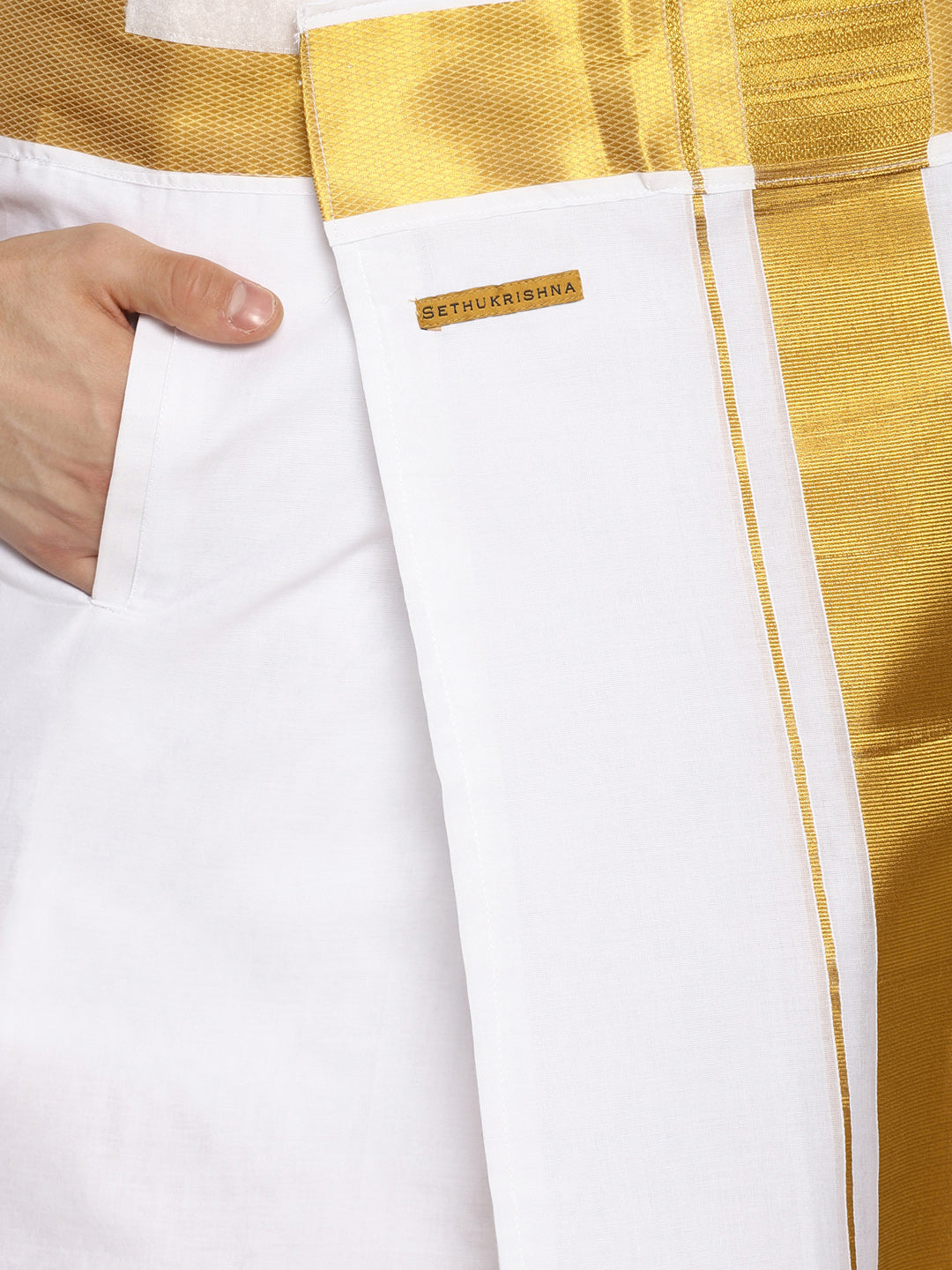 Sethukrishna White Solid Double Layer Readymade Dhoti For Men | Swadesiicart
