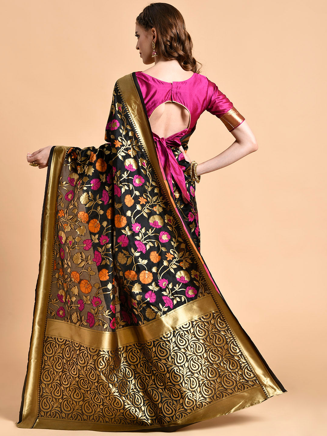 Sangria Black & Pink Floral Zari Silk Blend Banarasi Saree | Swadesiicart