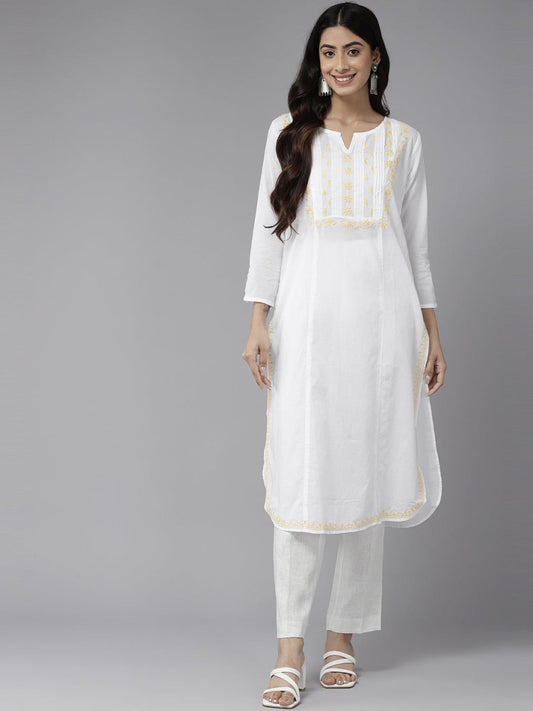ADA Ethnic Motifs Chikankari Embroidered Cotton Kurta | Swadesiicart