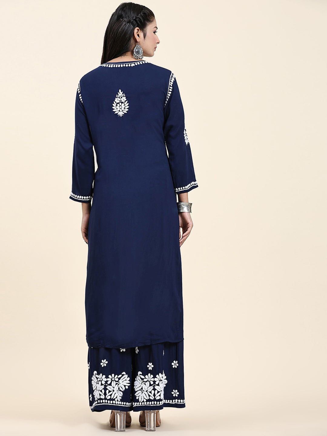 HOUSE OF KARI Ethnic Motifs Embroidered Chikankari Cotton Kurta & Palazzos | Swadesiicart