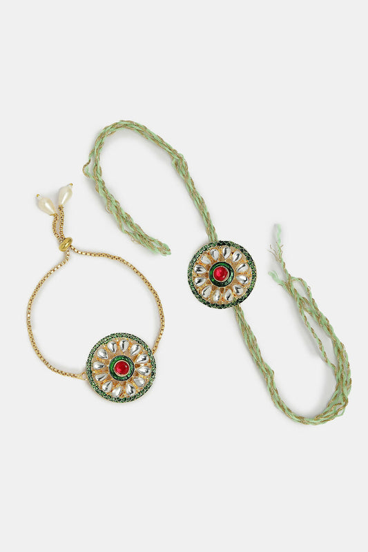 NVR Women & Men Set of 2 Gold Kundan-Studded Handcrafted Wraparound Rakhi Set With Roli Chawal | Swadesiicart