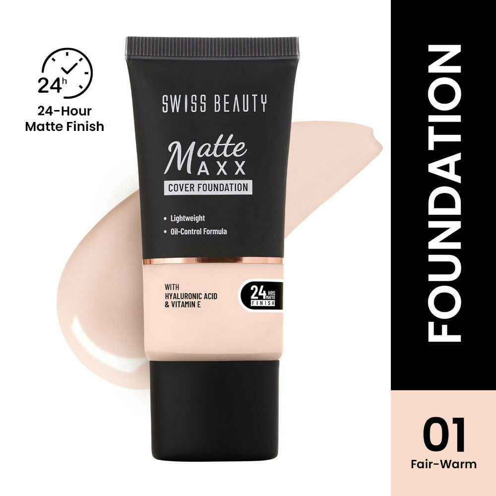 Swiss Beauty Matte Maxx Cover Foundation with Hyaluronic Acid & Vitamin E - 1 Fair Warm | Swadesiicart