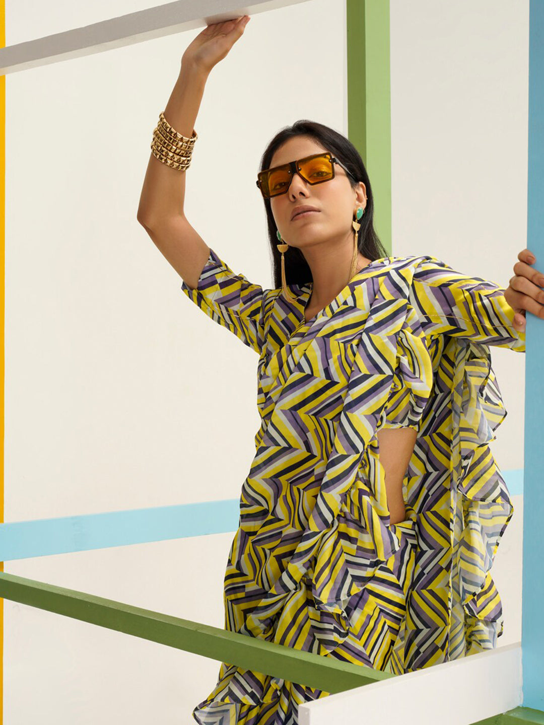 Tikhi Imli Geometric Digital Printed Ruffled Ready to Wear Saree | Swadesiicart
