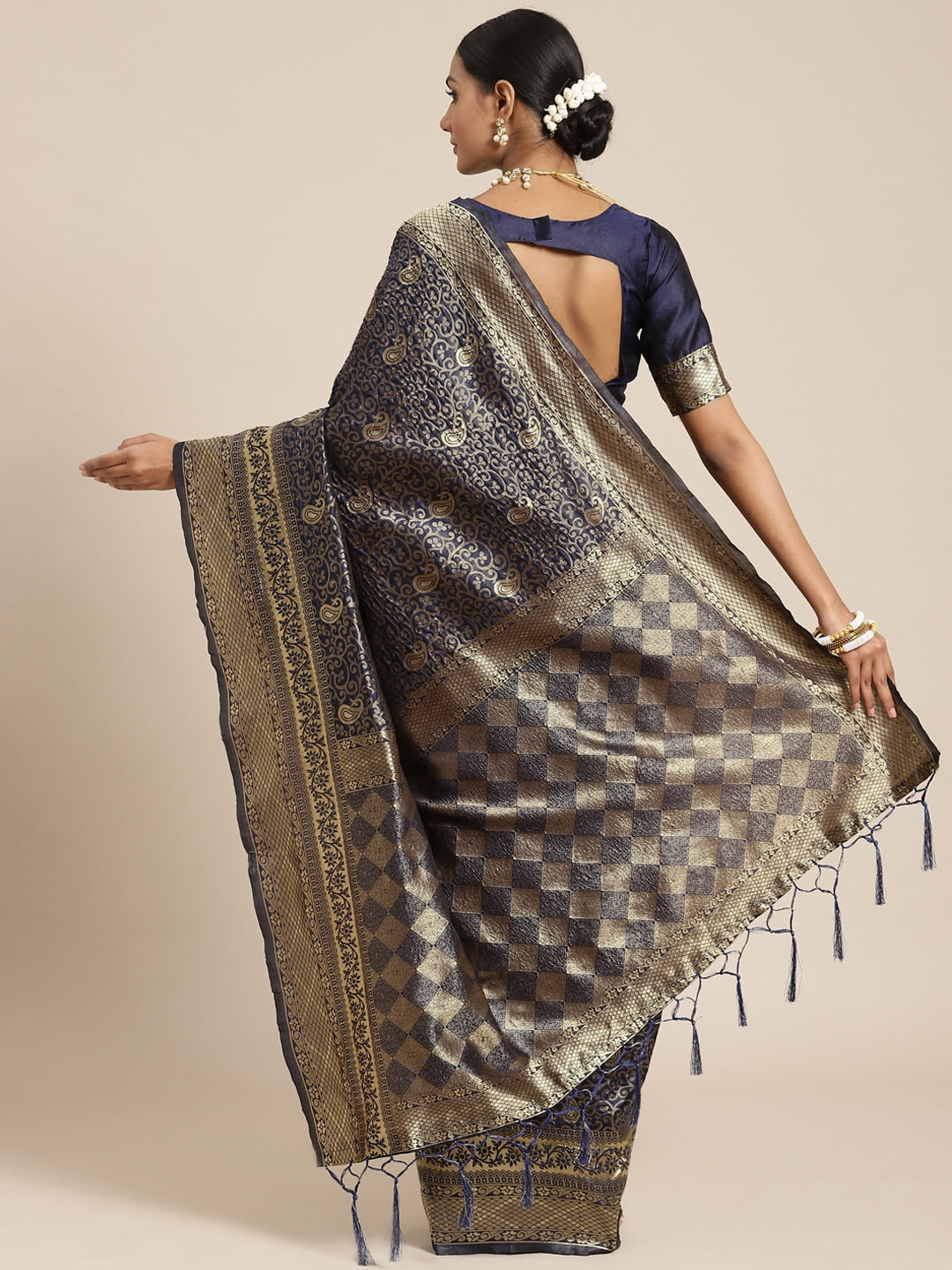 Saree Mall Navy Blue & Gold-Toned Ethnic Motifs Zari Silk Blend Banarasi Sarees | Swadesiicart